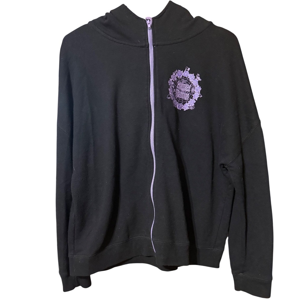Disney Parks Haunted Mansion Welcome Foolish Mortals Zip Hoodie Black Purple L